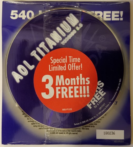 Replicated CD and its packaging used to promote the AOL internet service. Millions of these CDs were manufactured and distributed.