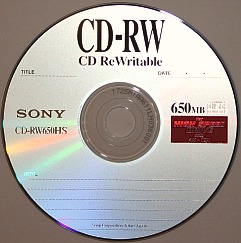 A Sony 650 MB CD-RW or an erasable or rewriteable CD that can be used to store digital information and then erased and reused many times.