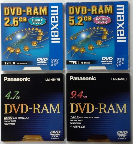 The DVD RAM formats - 2.6 GB single-sided, 5.2 GB double-sided, 4.7 GB single-sided, and 9.4 GB double-sided.