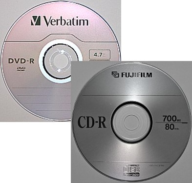 A CD-R or recordable CD and a DVD-R or recordable DVD optical disc storage media.