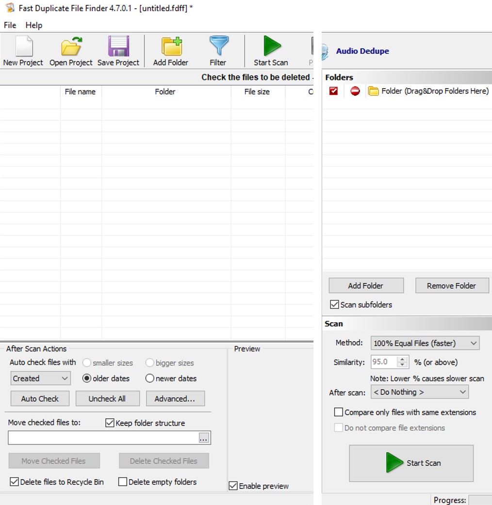 Screen capture of a duplicate photo remover software called Fast Duplicate File Finder. This program allows the detection and deletion of duplicate files from a computer.